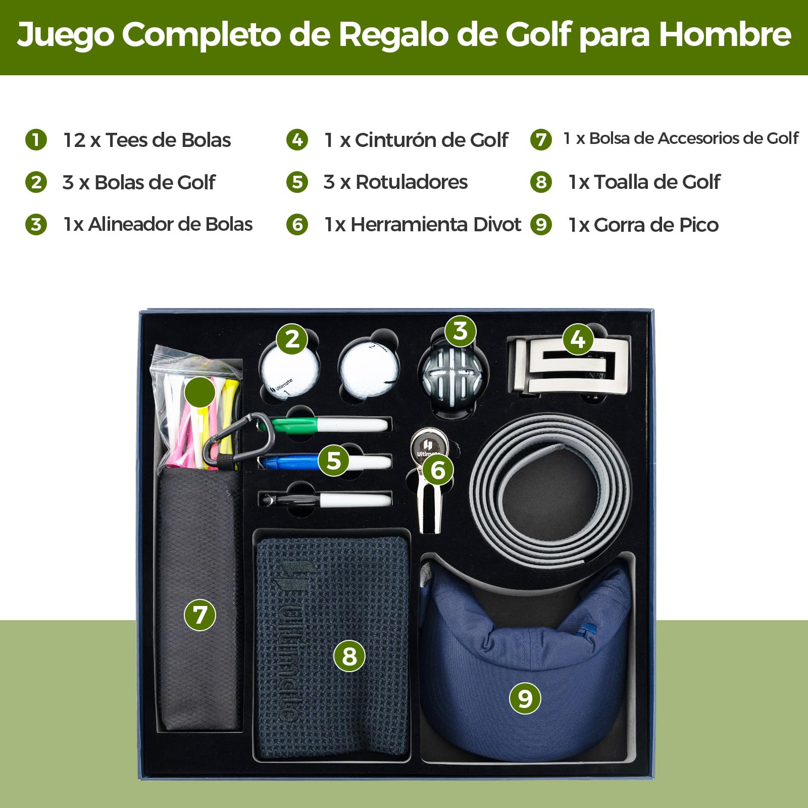 COSTWAY Juego Completo de Accesorios de Golf para Hombres y Mujeres, Pelotas, Tees, Toalla, Cinturón, Sombrero de Golf, Herramienta de División, Marcador de Bolas y Bolsa de Almacenamiento