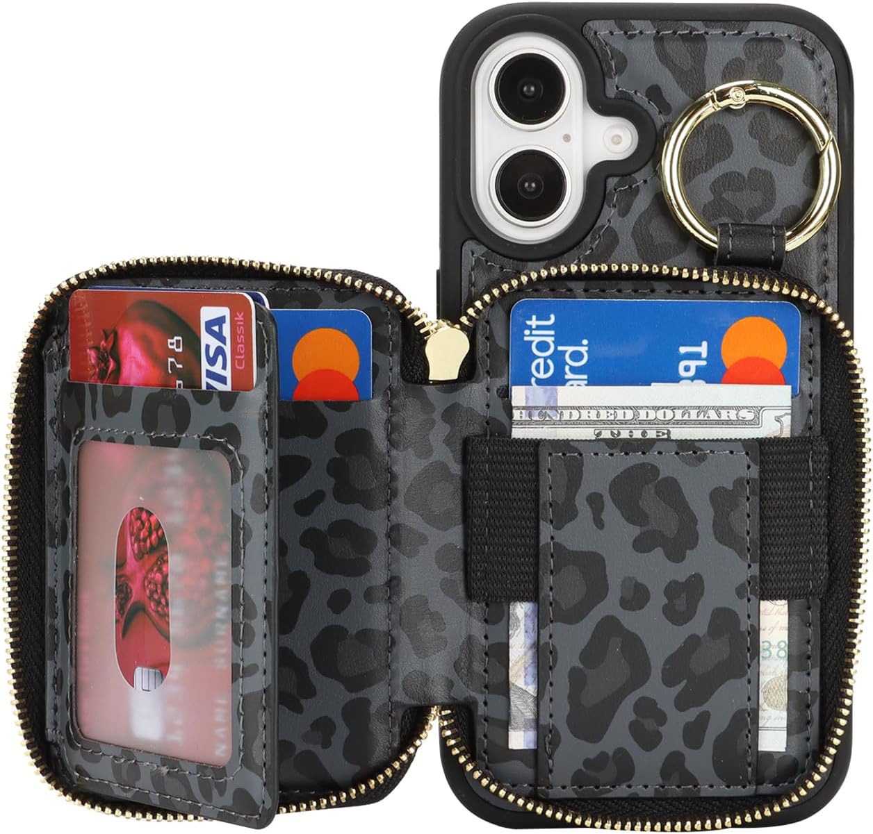 for iPhone 16 Case Wallet with Card Holder,for iPhone 16 Phone case Wallet with Zipper with Slot Kickstand Stand for Women and Man Case for 5G 6.1 Inch-Black Leopard