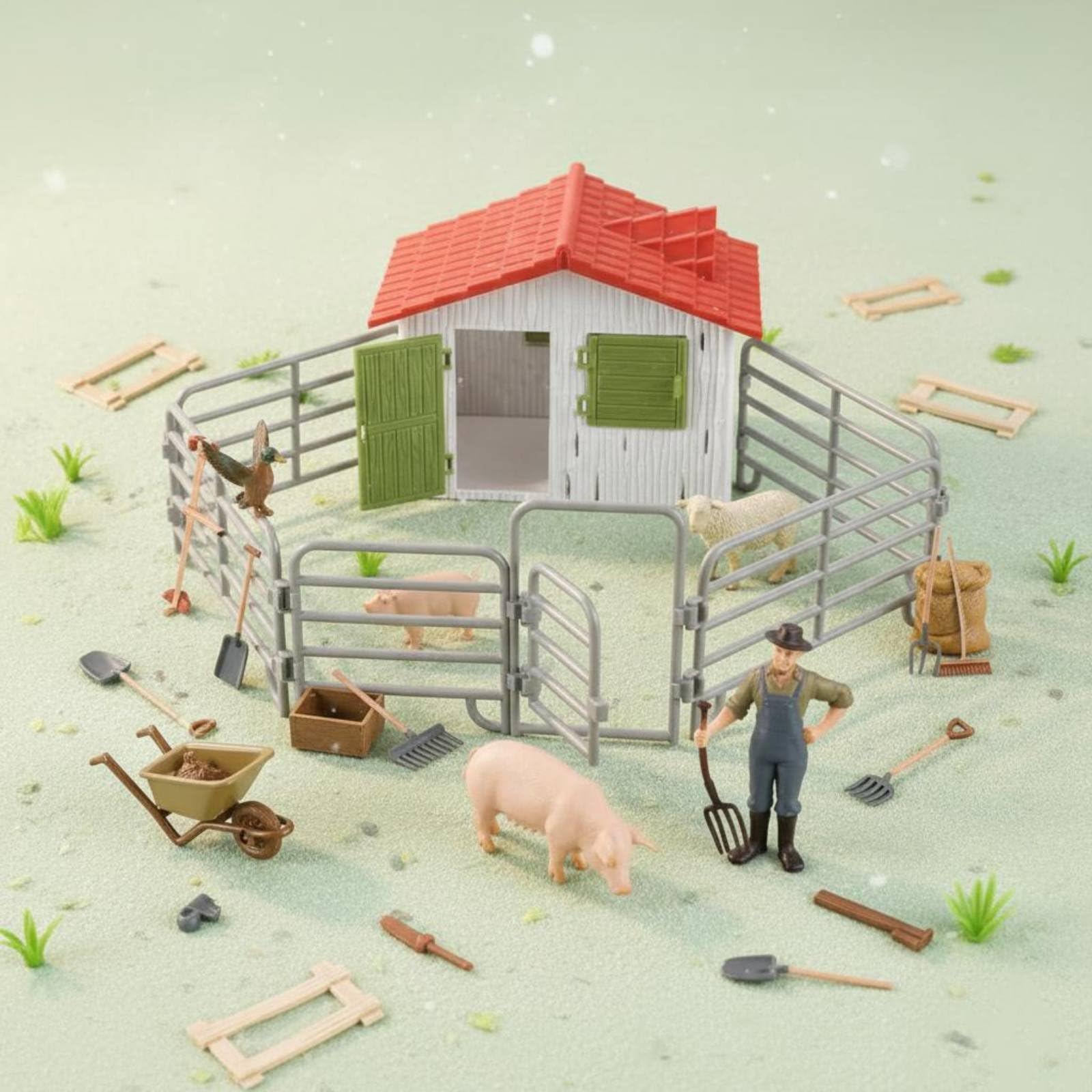 Diorama de Granja Figuras Animales Set Completo Juguete Plástico con Granero Accesorios y Rasgos Realistas Adecuado para Juego Rincón Educativo, Granja Feliz Set B