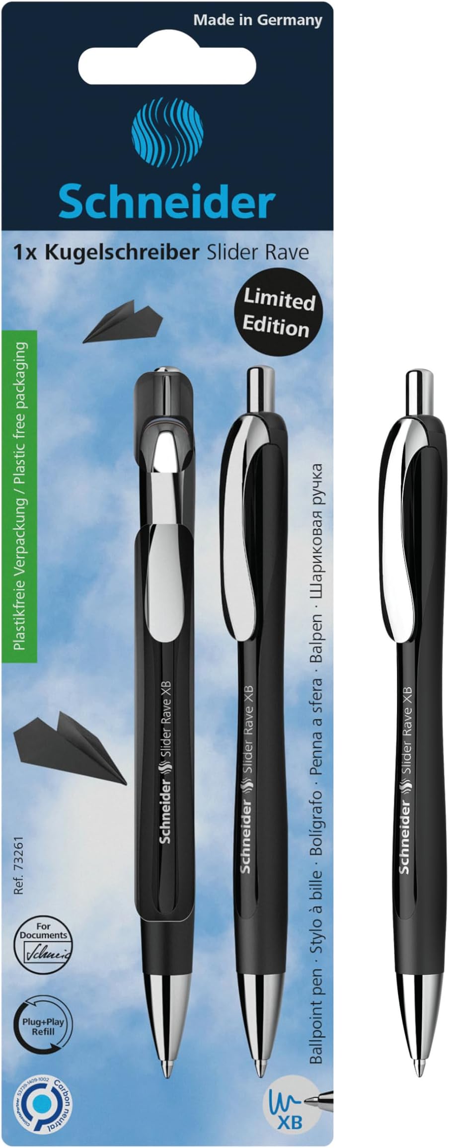 Limited Edition Slider Rave Black, XB (Extra Broad) Ballpoint Pen, Refillable + Retractable, 1.4 mm, Black Barrel, Blue Ink, Blister Pack of 1 Pen (73261)