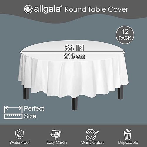 Miniatura 2 de allgala Paquete de 12 manteles desechables de plástico de alta calidad, peso medio, paquete de 12 manteles redondos de 84 pulgadas - blanco -TC58501