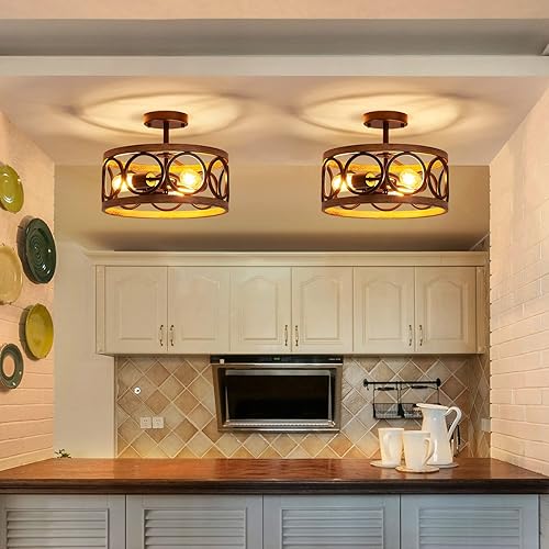 Miniatura 7 de XINGQI Lámpara de techo de granja de 3 luces de 13 pulgadas de tambor moderno semiempotrado, lámpara de techo rústica redonda de metal con acabado