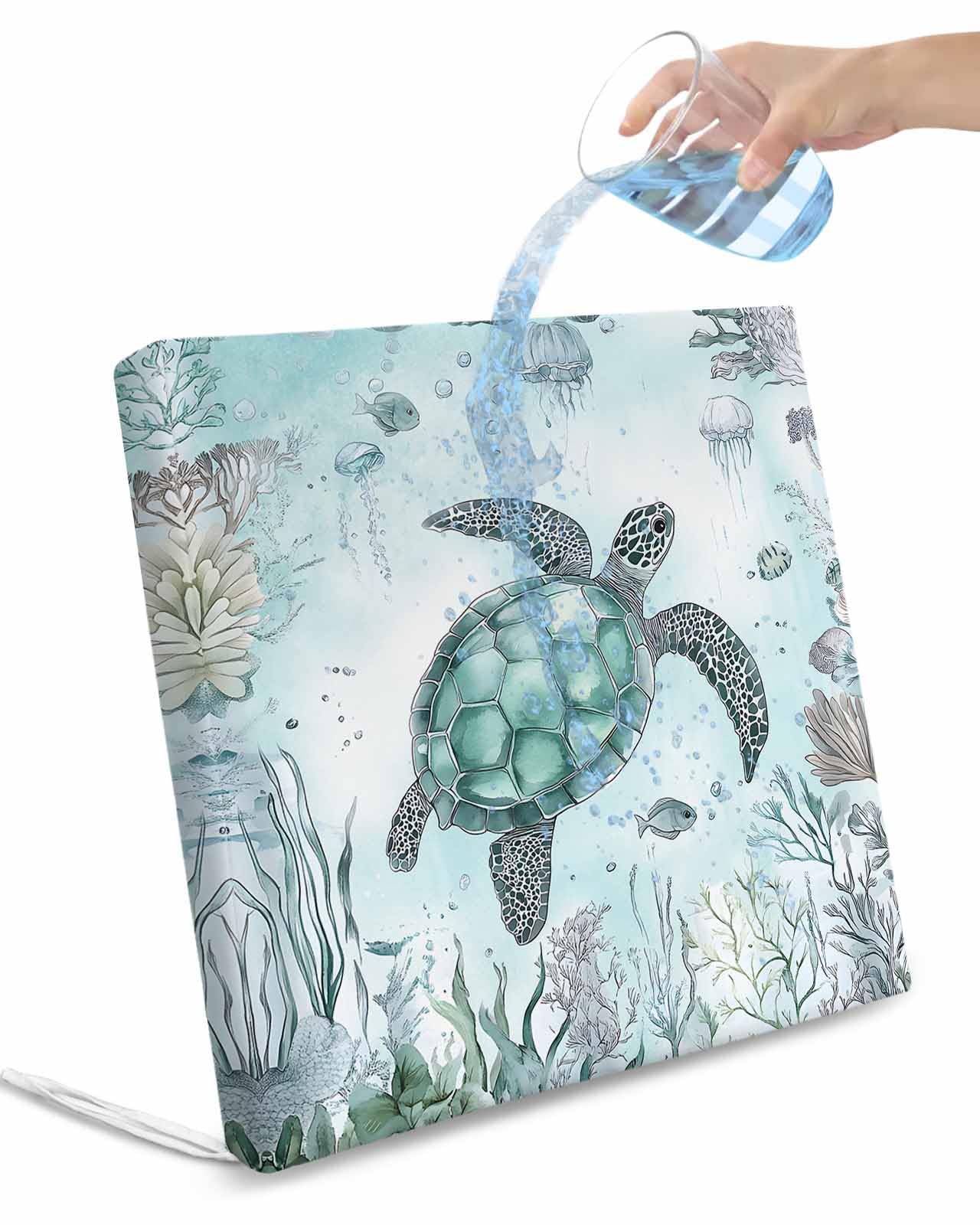 2 Pack Coastal Sea Turtle Waterproof Cushion Covers with Ties, Outdoor Patio Chaise Lounge Chair Seat Cushion Slip Covers Replacement(Only Cover) Nautical Marine Jellyfish Coral 20