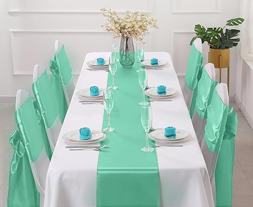 Miniatura 9 de Horbaunal Paquete de 12 caminos de mesa de satén azul marino de 12 x 108 pulgadas, caminos de mesa suaves para banquetes de boda, fiesta de