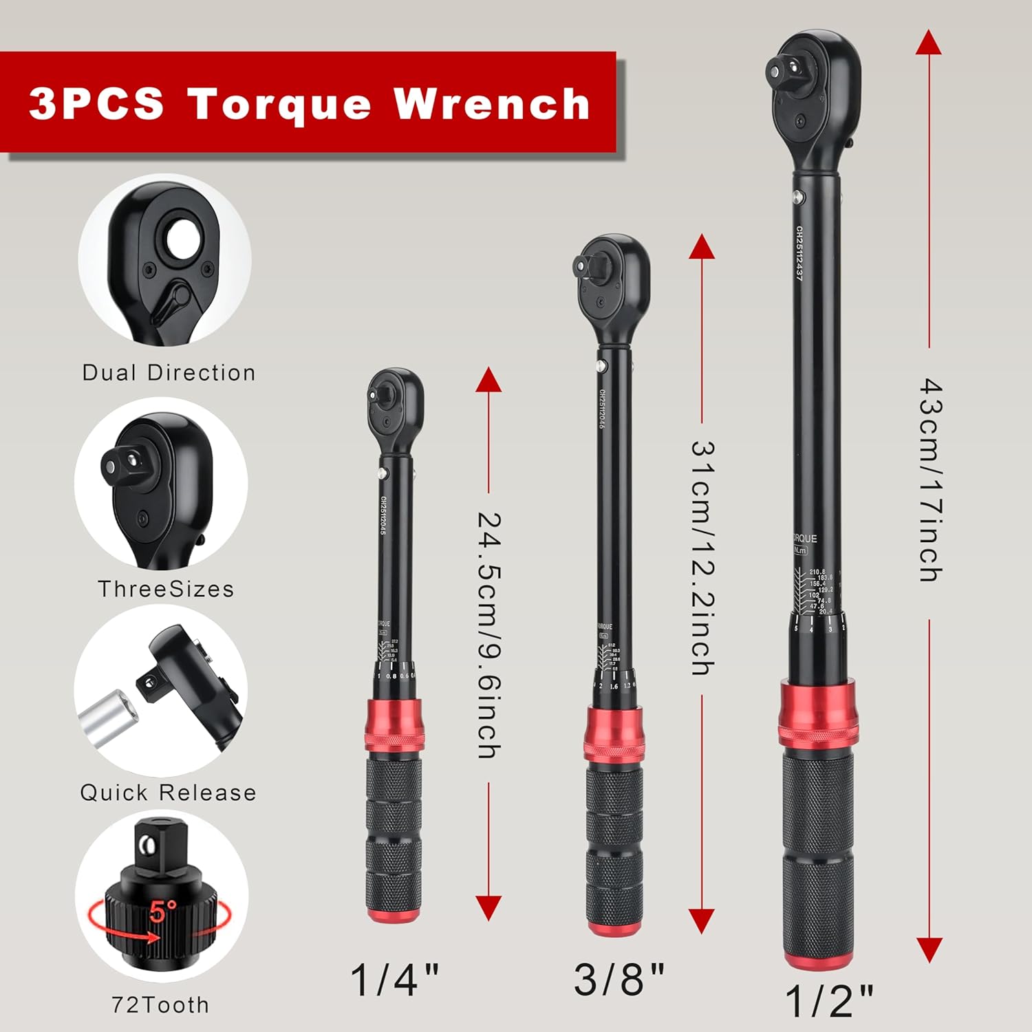 AEROFORCE 1/4 & 3/8 & 1/2-inch Drive Click Torque Wrench, 41Pcs Torque Wrench Set with Sockets and extensions, Hex, Torx, magnetic Spark Plug for Car, Motorcycle, Bike Repair
