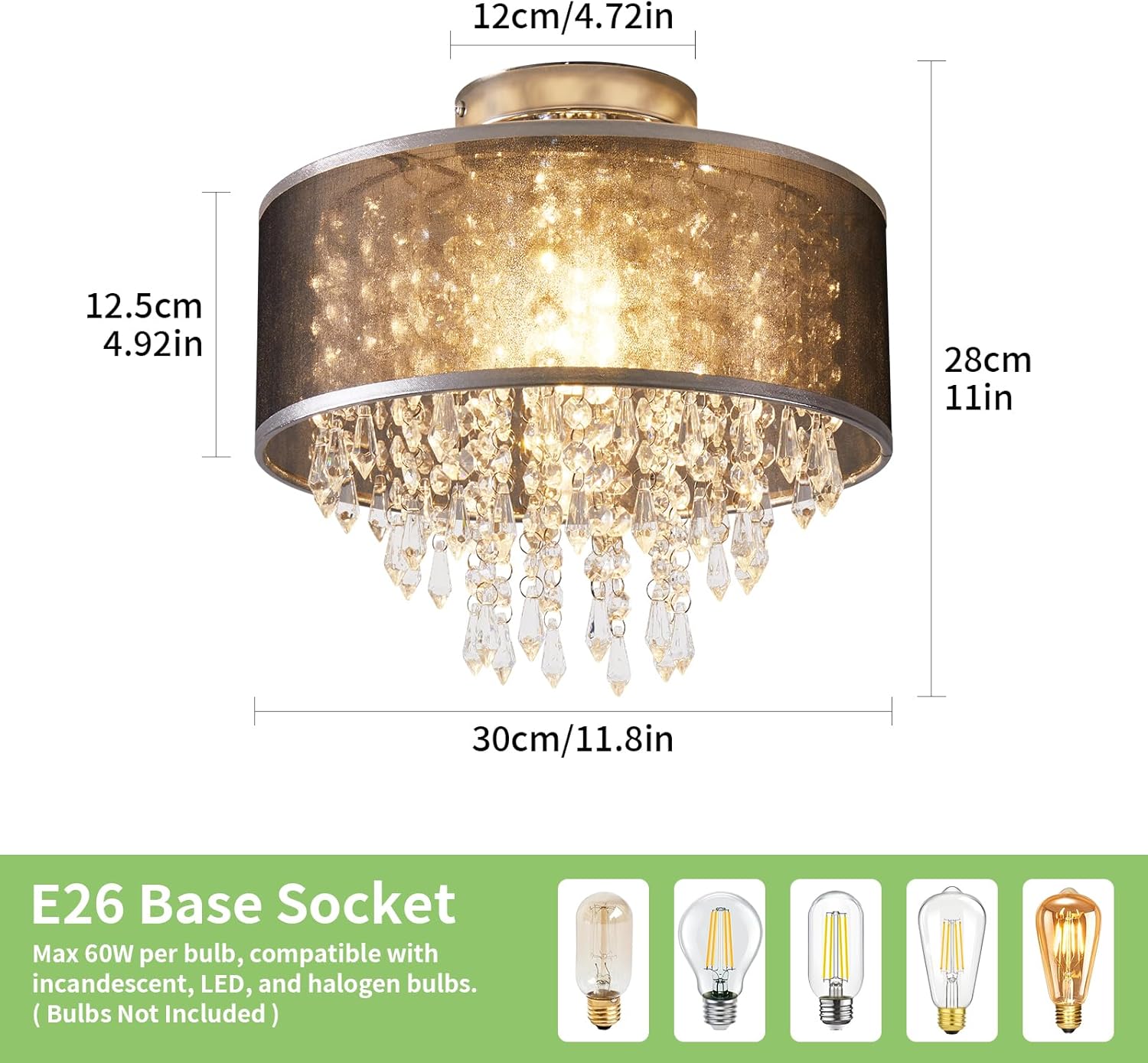 Crystal Chandelier for Bedroom Crytal Semi Flush Mount Ceiling Light Fixture with Cloth Shade Crystal Chandeliers for Dining Living Room Closet (Black Cover+Crystal)