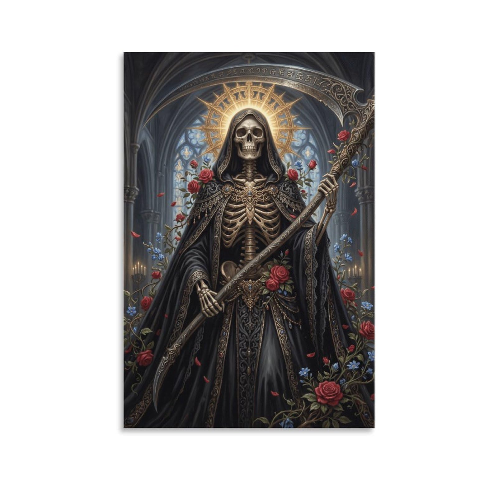 W7C8U2X3 Grim Reaper Gothic Roses Canvas Wall Art, Gothic Fantasy Wall Art