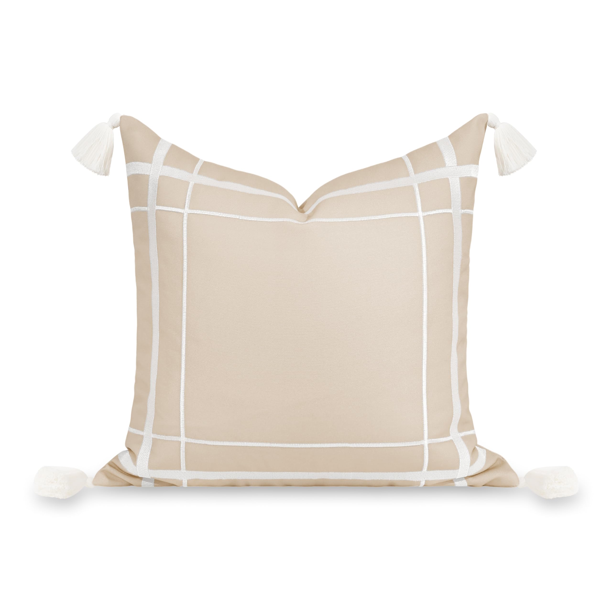 Hofdeco Premium Coastal Patio Indoor Outdoor Throw Pillow Cover Only, 20"x20" Water Repellent for Backyard, Couch, Neutral Tan Embroidered Line Frame