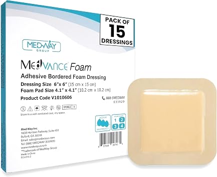 Medvance Hydrophilic Adhesive Wound Care Dressings - Waterproof Pressure Sore Care - Easy Apply Dressing for Wound Care - Wound Dressings for Burns 6"x6" Bandage, 4.1" x4.1 Wound Pad Box of 15