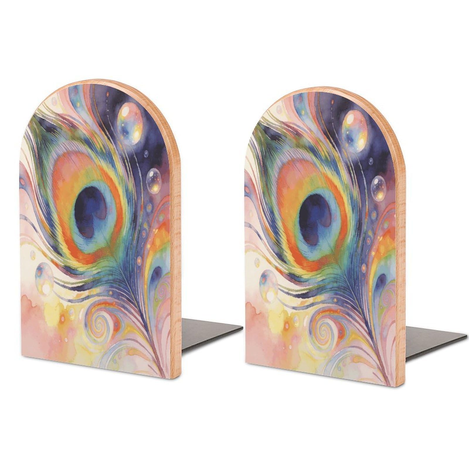 Psychedelic Peacock Feather Book Ends Wood Non-Skid Bookend for Shelves Heavy Duty Bookends with Metal Base Decorative Books Stopper Desk Organizers Book Dividers for Office Home 1 Pair