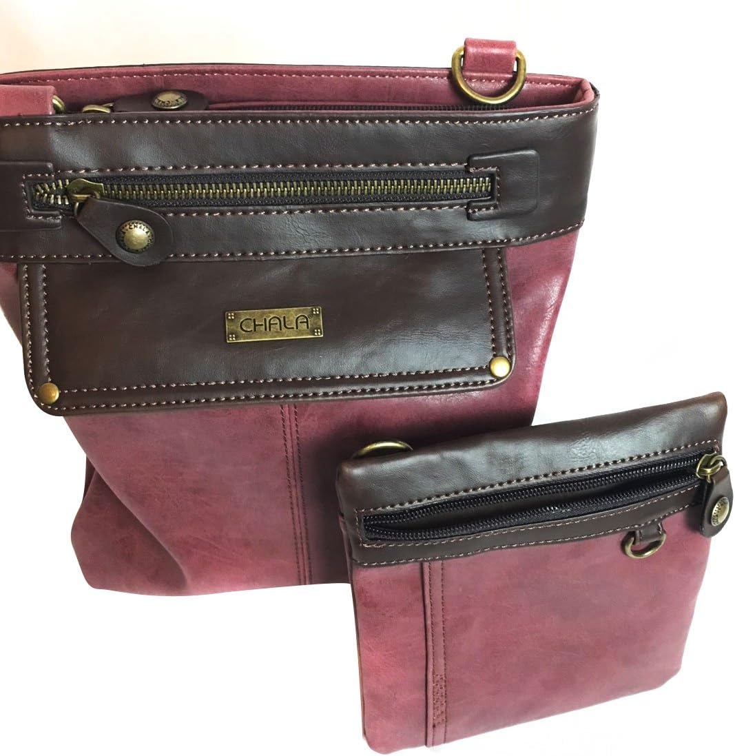 CHALA 2 in 1 Gemini Crossbody Purse/Fanny Pack with Mini Metal Keychain (Burgundy Feather)