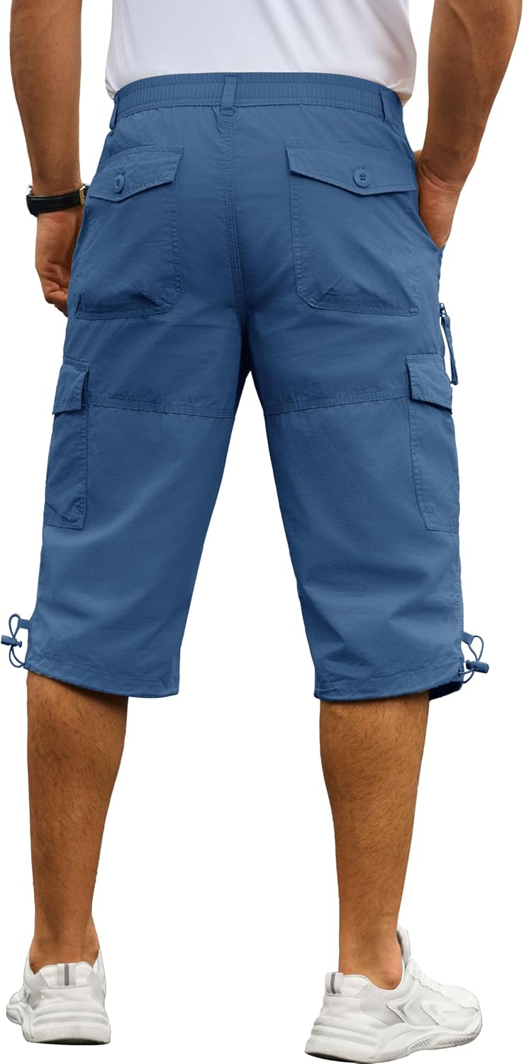 Cotrasen Men's Cargo Shorts Cotton Casual Below Knee Long Shorts Twill Elastic 3/4 Capri Pants with 7 Pockets
