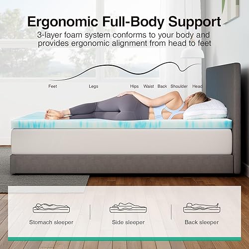 Miniatura 4 de Novilla Cubrecolchón King de espuma viscoelástica de 2 pulgadas, infusión de gel refrescante, almohadilla ventilada para aliviar la presión, suave