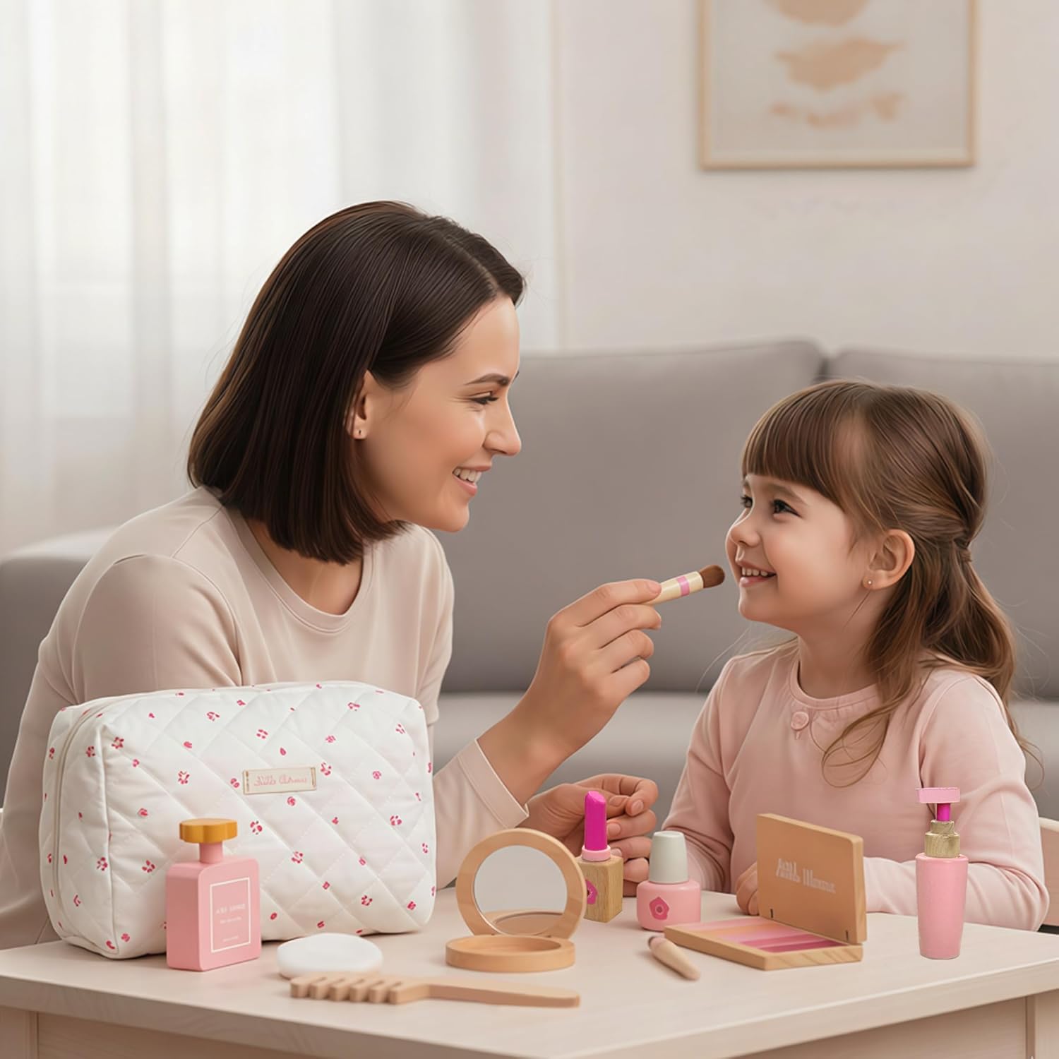 Wooden Pretend Makeup Toy Set for Girls, Realistic Cosmetic Kit with Lipstick & Mirror, Pretend Play Gift for Toddlers & Kids Ages 3-8 - Image 3