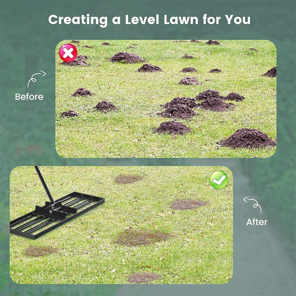 Rastrillo de nivelación de césped de 76 x 25 cm con tallo, rastrillo para nivelación de césped, placa plegable para césped, arena/tierra para campo de golf de jardín.