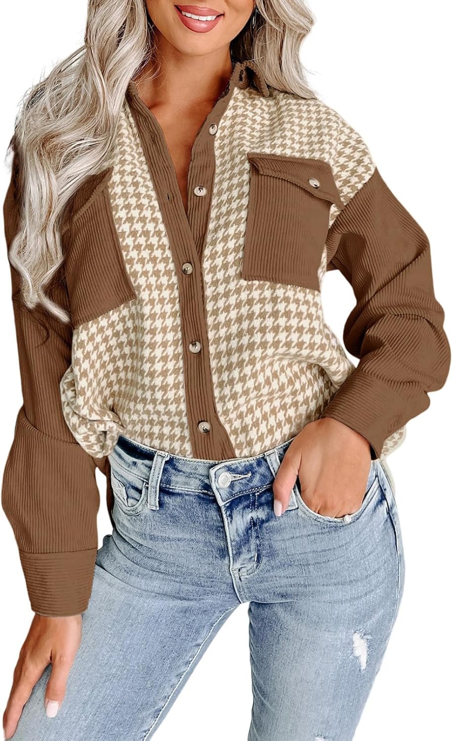 Dokotoo Womens Corduroy Color Block Button Down Shirts Casual V Neck Plaid Long Sleeve Oversized Blouses Tops