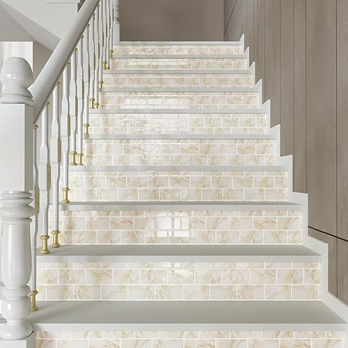 Miniatura 6 de CRE8TIVE 4 hojas de azulejos de mármol amarillo para despegar y pegar contra salpicaduras para cocina, 12 x 12 pulgadas, adhesivos autoadhesivos