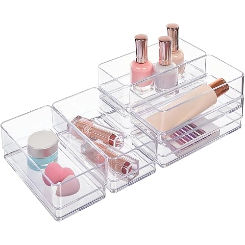 STORi SimpleSort 6-Piece Stackable Clear Drawer Organizer Set | 6" x 3" x 2" Rectangle Trays | Small Makeup Vanity Storage Bins and Office Desk Drawer Dividers | Made in USA