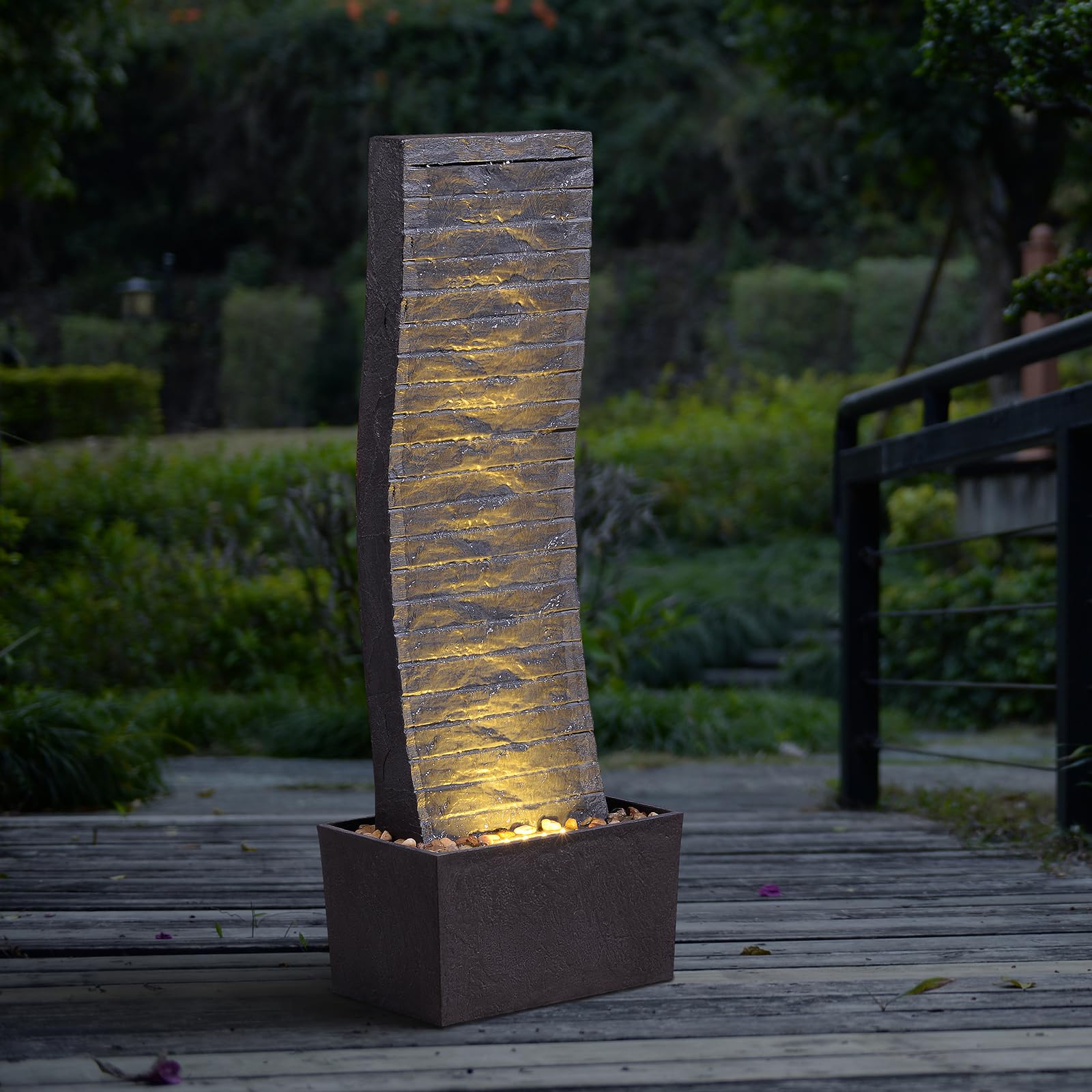 Curved Outdoor Waterfall Fountain, 36.2" Elegant Outdoor Water Fountain with LED Lights for Patio, Garden, Backyard, Modern Large Relaxing Water Feature (24382)-image-21