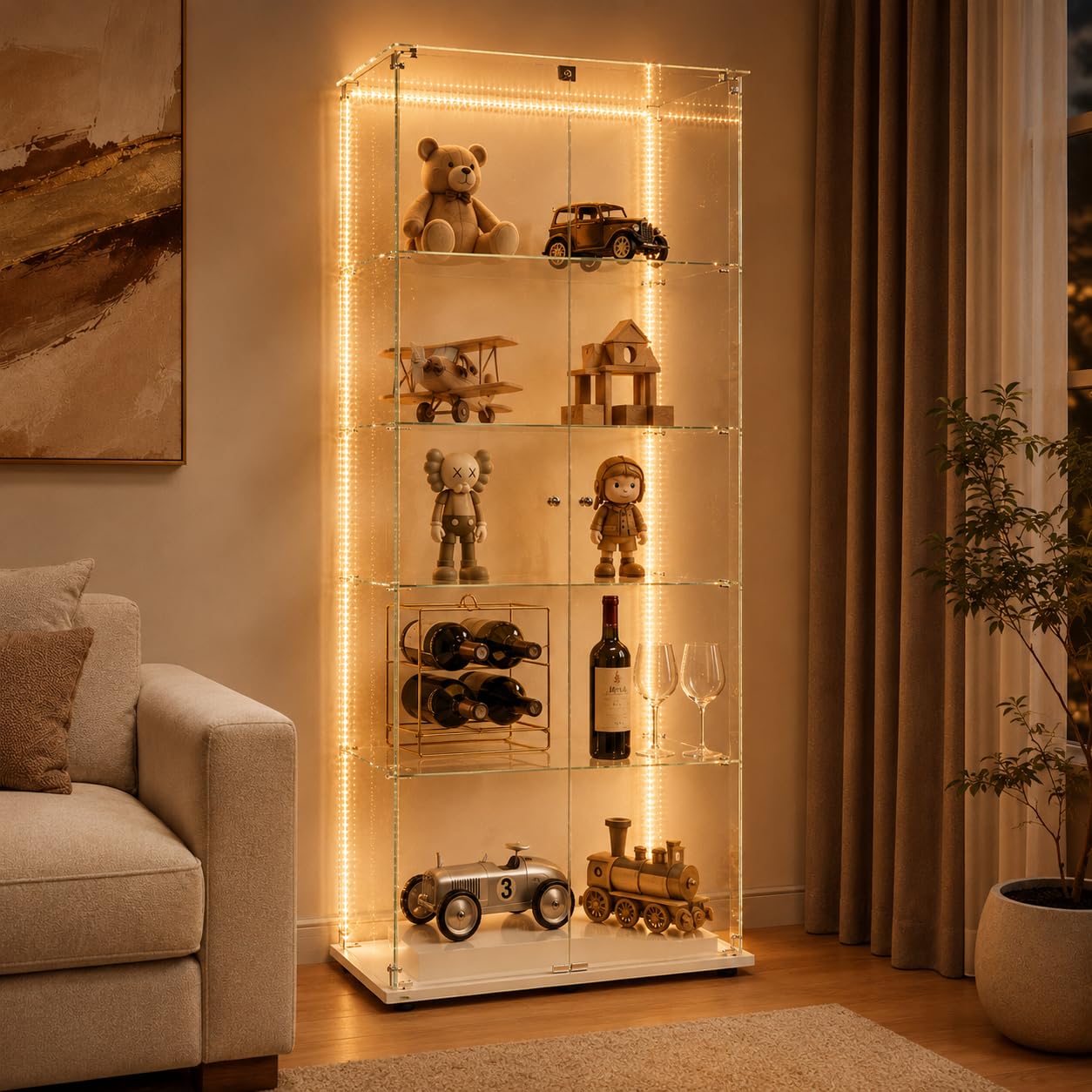 Vetrinetta in vetro da esposizione, Vetrinetta in piedi con LED, 5 strati di vetro, legno, vetrina in vetro, vetrinetta con 2 porte e serratura, vetrina in vetro, vetrinetta da esposizione per
