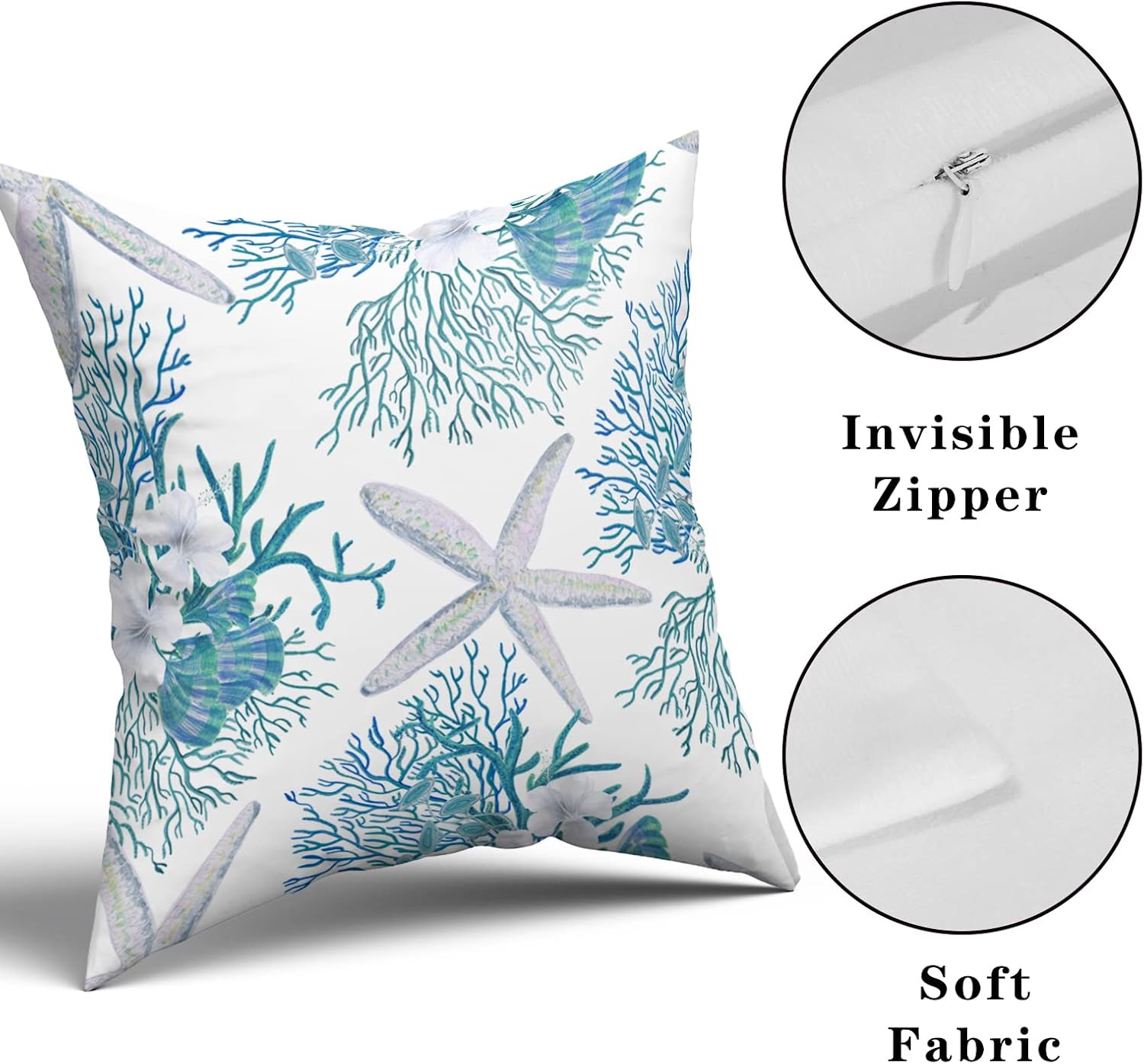 Nautical Coastal Throw Pillow Covers 18"x18" Set of 2 Beach Theme Blue Seashell Coral Starfish Pillow Cover Cotton Summer Couch Pillow Cases Outdoor Sofa Cushion Cover Modern Decor for Bed Living Room - Image 5