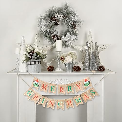 Miniatura 7 de Guirnalda de Grinch con texto en inglés "Merry Grinchmas", decoración de Navidad, guirnalda de manto, decoración de chimenea para fiesta de Navidad