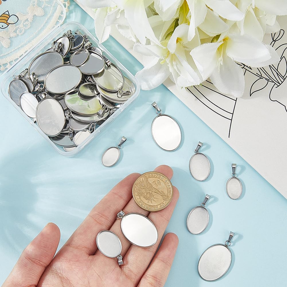 Beebeecraft 60Pcs 3 Sizes Oval Cabochon Setting Charms 304 Stainless Steel Blank Pendant Bezel Trays Base Findings for Jewelry Making Memorial Cameo Photo Frame Necklace - Image 3