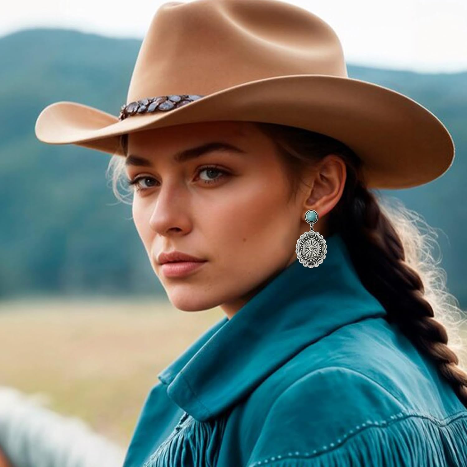 Western Earrings for Women Vintage Concho Turquoise Dangle Country Concert Western Outfit - Image 3