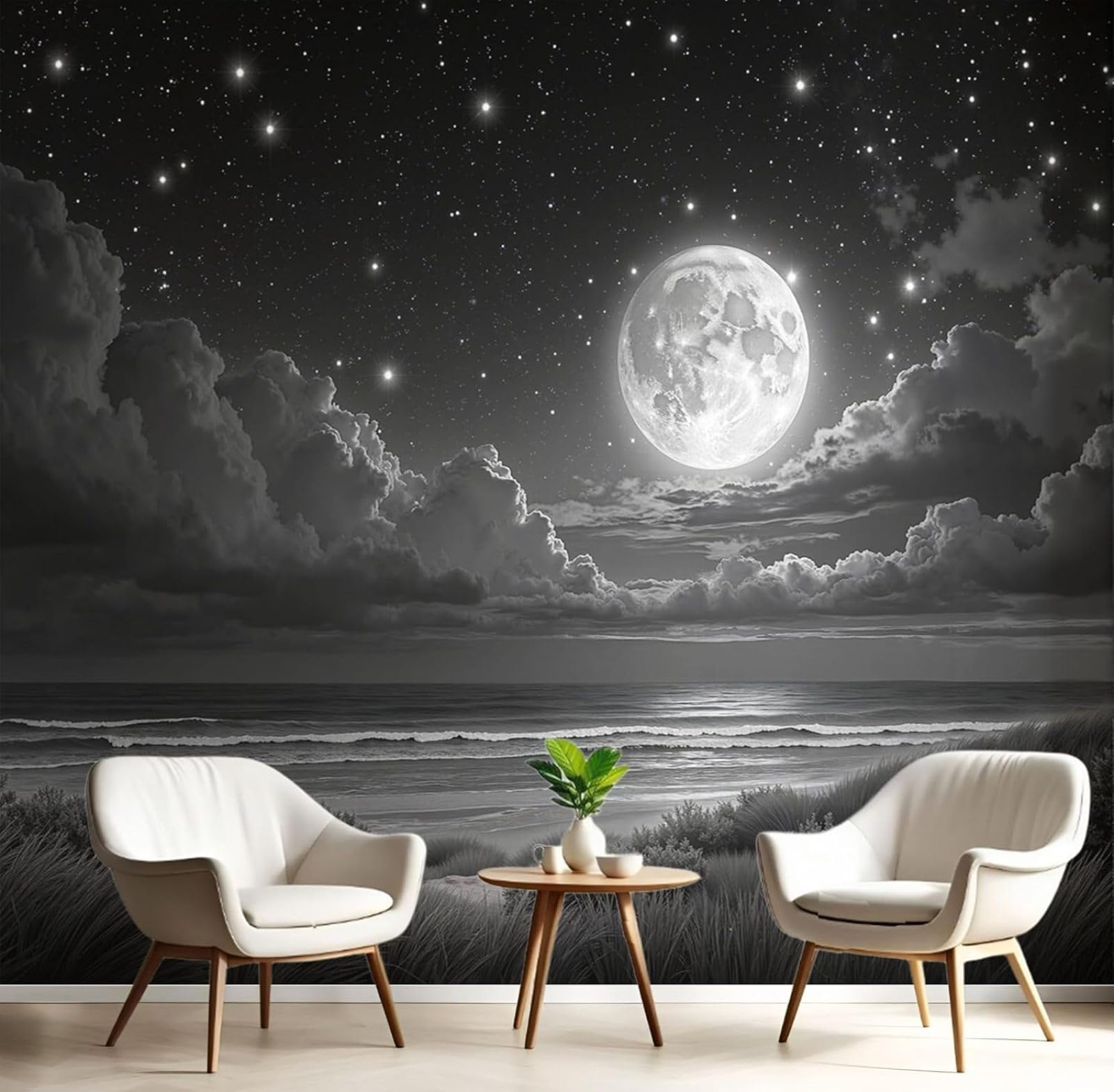 Wallpaper Photo Wallpaper 3D Fantasy Sea View Non-woven Wall Mural, Full Moon Beach Non-woven XXL Wall Mural Bedroom, Living Room, TV Background, 250cm x 175cm Stickers - Frameless Painting - Poster