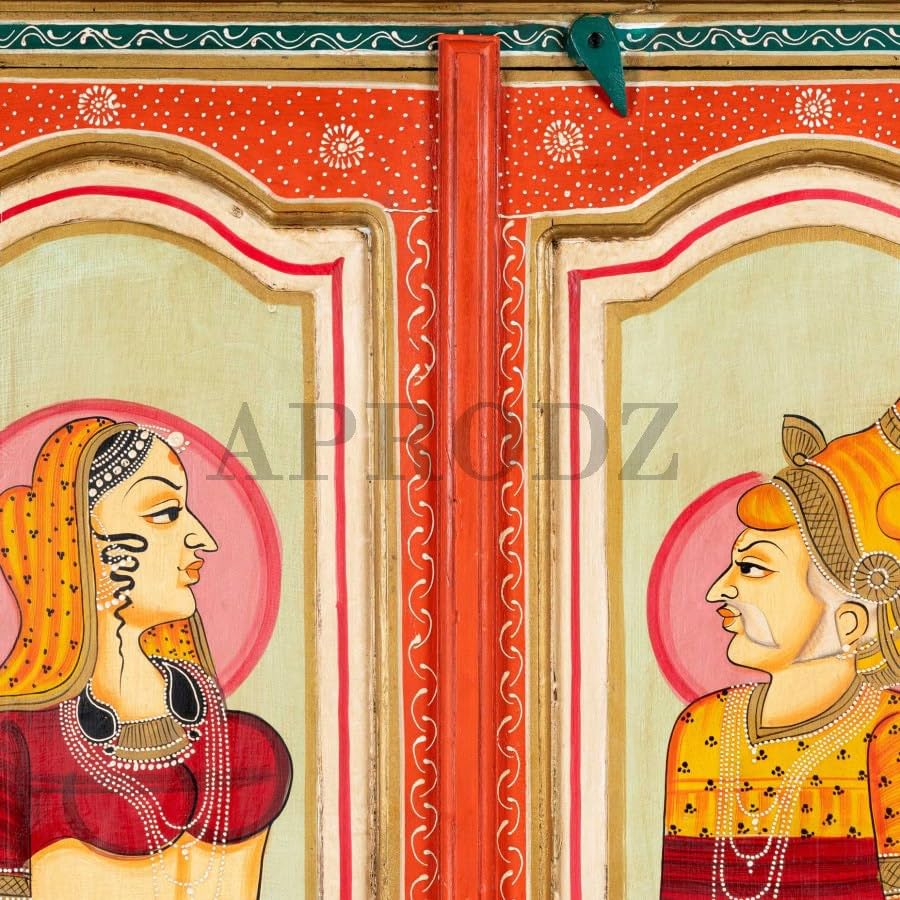 Image of APRODZ Hand-Painted Solid Wood Sideboard Cabinet with 2 Doors | Wooden Storage Cabinet for Bedroom Living Room & Kitchen | Crockery Cabinet, Kitchen Storage | Multicolor, 36x18x66 Inches
