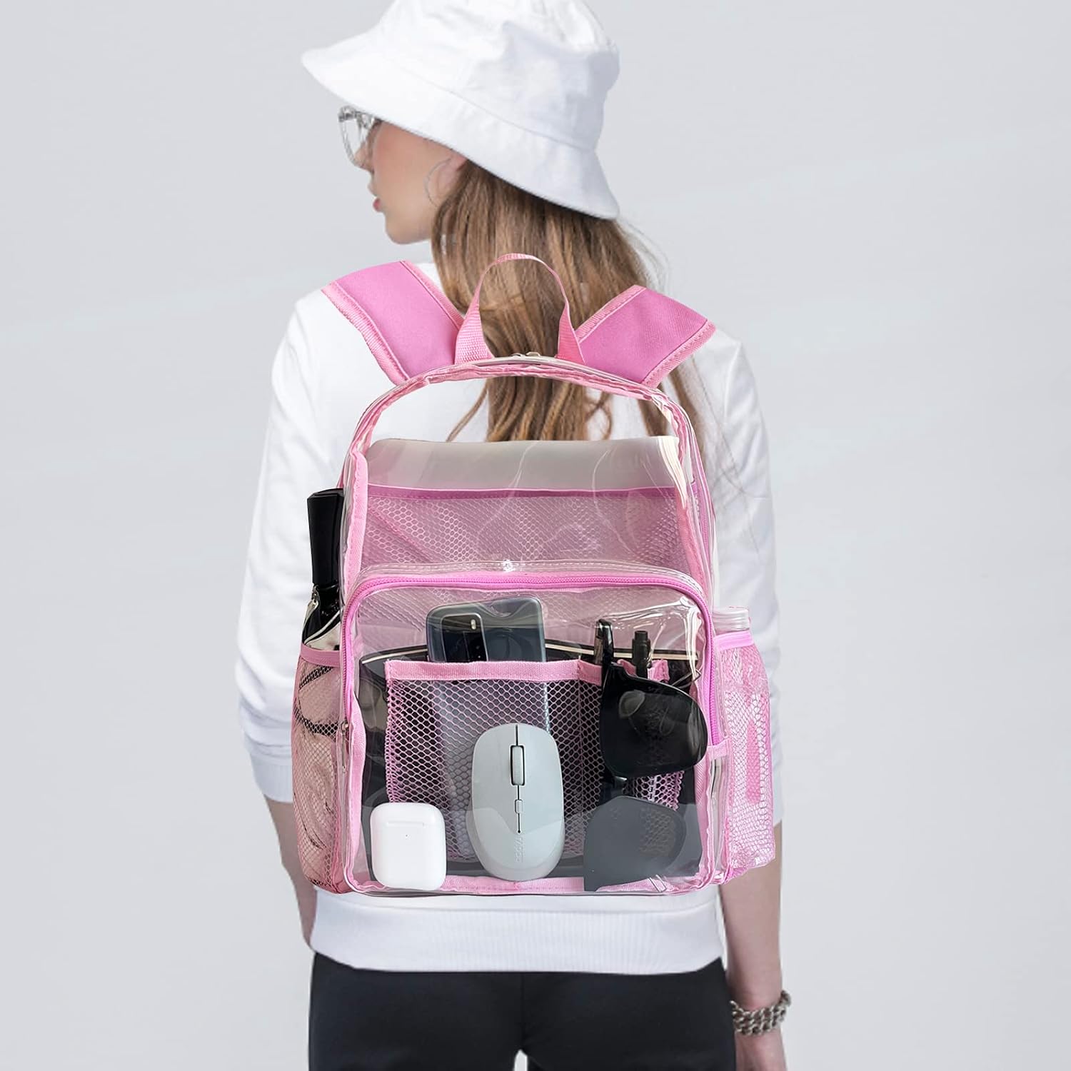 Purple Clear Backpack Heavy Duty - Large See Through Pvc Bookbag for Girls Women Stadium Approved Transparent Plastic Backpacks for School Concert Sport Venues Work Travel 17in Pink (color may vary as shown in photos)