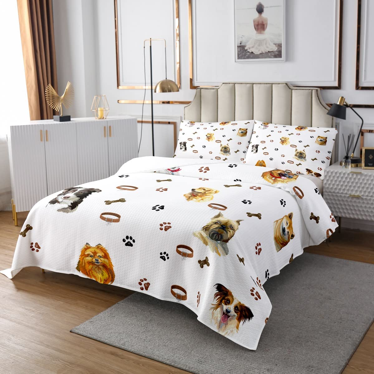 Kreskówka kołdra dla psa, 170 x 210 cm, słodka, futrzana kołdra dla dzieci, pikowana kołdra dla dzieci, Kawaii, zwierzęta, psie łapy, nowoczesna narzuta na łóżko, 2-częściowy zestaw kołder