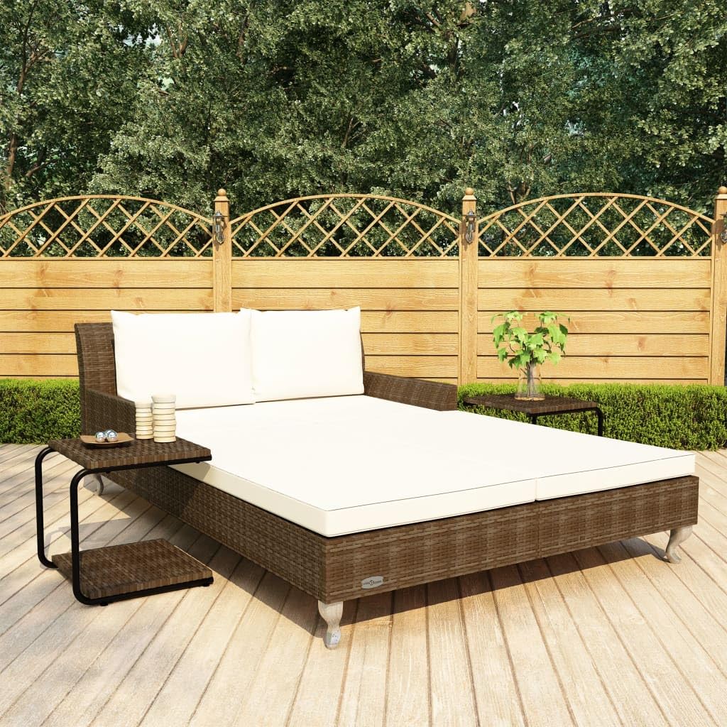 Tumbona para 2 personas de polirratán marrón con cojines, 200 x 132 cm, cama de jardín con mesas auxiliares, cama de exterior para terraza, piscina y balcón, isla de relax para tomar el sol y