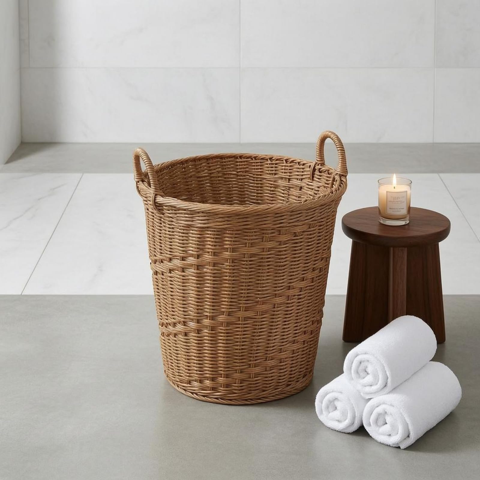 kowaku Cesto Portabiancheria Cesto Lavanderia Cesto Rotondo Cesto Intrecciato Cestino Portaoggetti in Rattan Sintetico con, Marrone, Twill, 40x40cm, Con Anello In Acciaio Verniciato A Forno