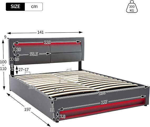 4ft6 Double Ottoman Bed With Storage, Hydraulic Lift Upholstered Bed Frame with LED Lighting & USB & Wireless Charging, PU Leather Functional Beds With Adjustable Headboard & Slats, No Mattress, Grey