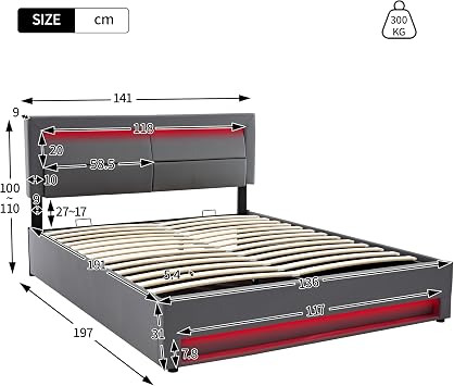 4ft6 Double Ottoman Bed With Storage, Hydraulic Lift Upholstered Bed Frame with LED Lighting & USB & Wireless Charging, PU Leather Functional Beds With Adjustable Headboard & Slats, No Mattress, Grey