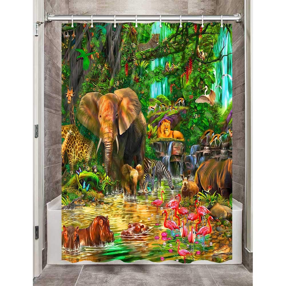 Gdmoon Jungle Animal Shower Curtain Tropical Forest Elephant Lion Flamingo Giraffe Zebra Monkey Leopard Rhino Parrot Deer Wildlife Zoo Bathroom Shower Curtain Sets with 12 Hooks 60x72In