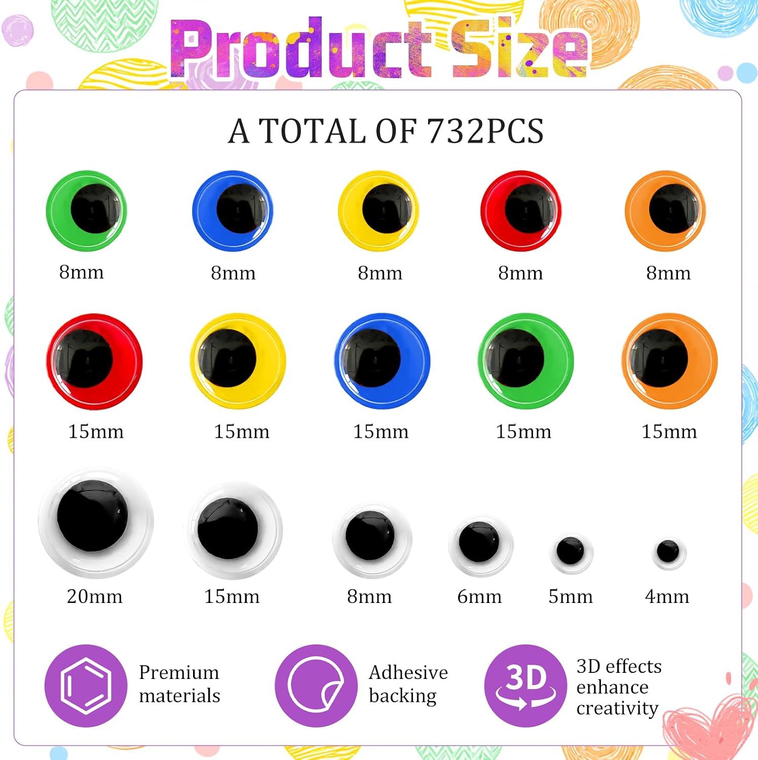 732 Pcs Googly Eyes Set, Multi-Color Wiggle Eyes with Assorted Sizes, Self-Adhesive Craft Eyes for DIY Projects, Scrapbooking, Kids' School Crafting, Halloween and Christmas Decorations