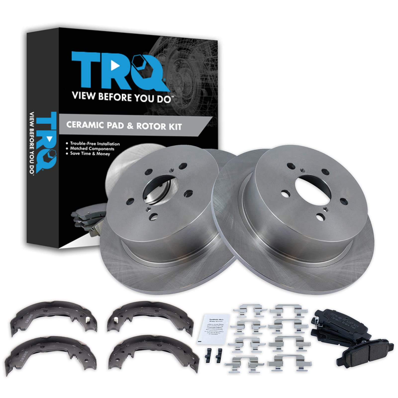 TRQ Rear Brake Pad and Rotor Set Ceramic Parking Brake Shoe Compatible with 2008-2009 Subaru Legacy