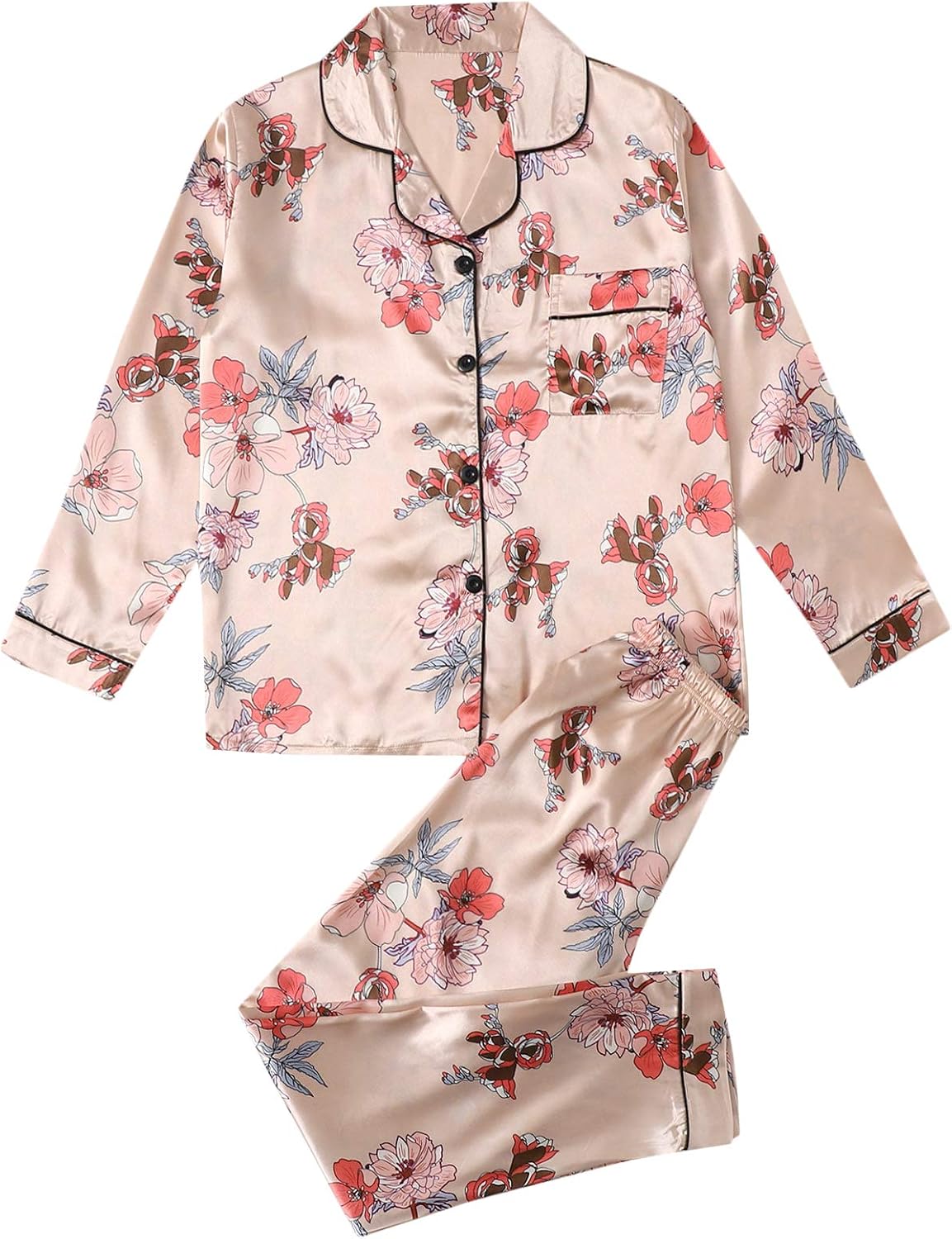 SheIn Women's 2 Packs Floral Satin Pajama Set Long Sleeve Shirt and