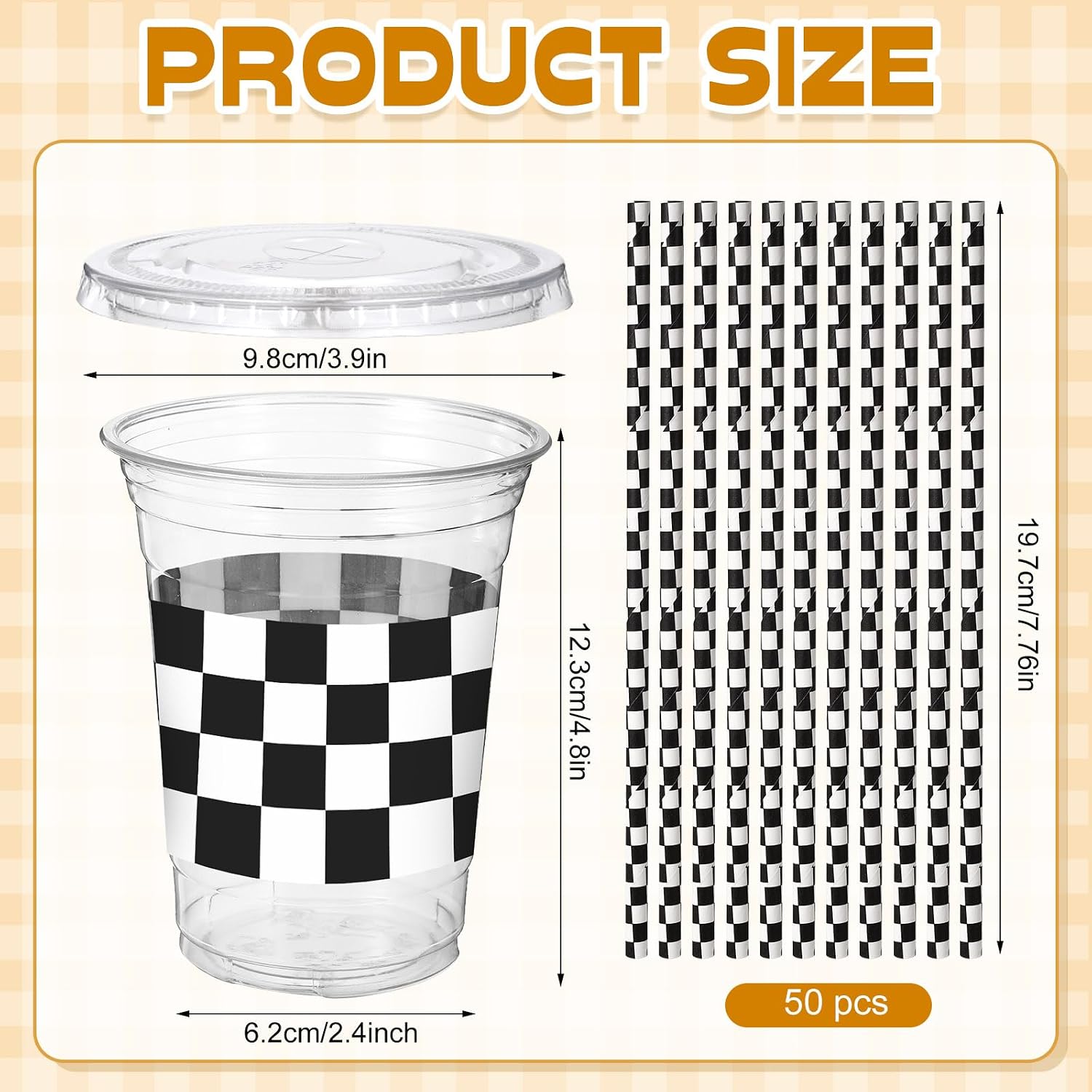 Sliner 50 Sets Checkered Plastic Cups 16 oz with Lids and Paper Straws Disposable Clear Race Car Party Cups for Black and White Checkered Flag Racing Car Birthday Party Decorations Supplies