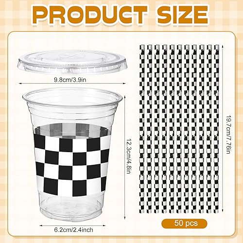 Miniatura 3 de Sliner Juego de 50 vasos de plástico desechables con tapas y pajitas de papel, vasos transparentes de 16 onzas para beber con bandera a cuadros,