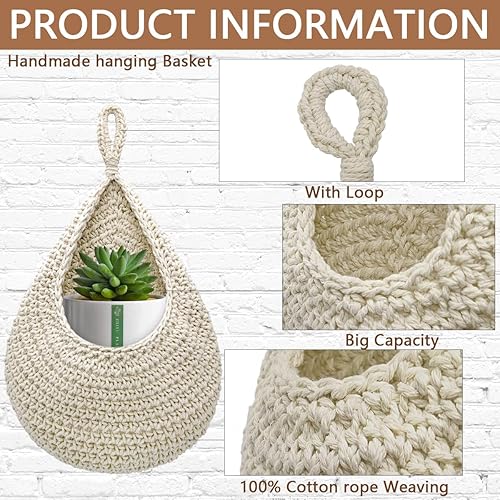 Miniatura 3 de Paquete de 4 cestas colgantes de frutas para cocina, cesta bohemia para colgar en la pared con 8 ganchos fuertes, cesta colgante 100% tejida a mano