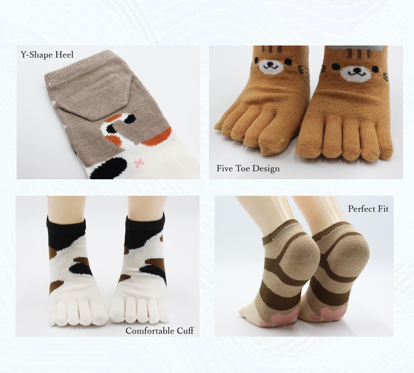 Japanese Cat Design Toe Five Finger Socks (Set of 5 Pairs) Athletic No Show Split Toe Socks Colorful
