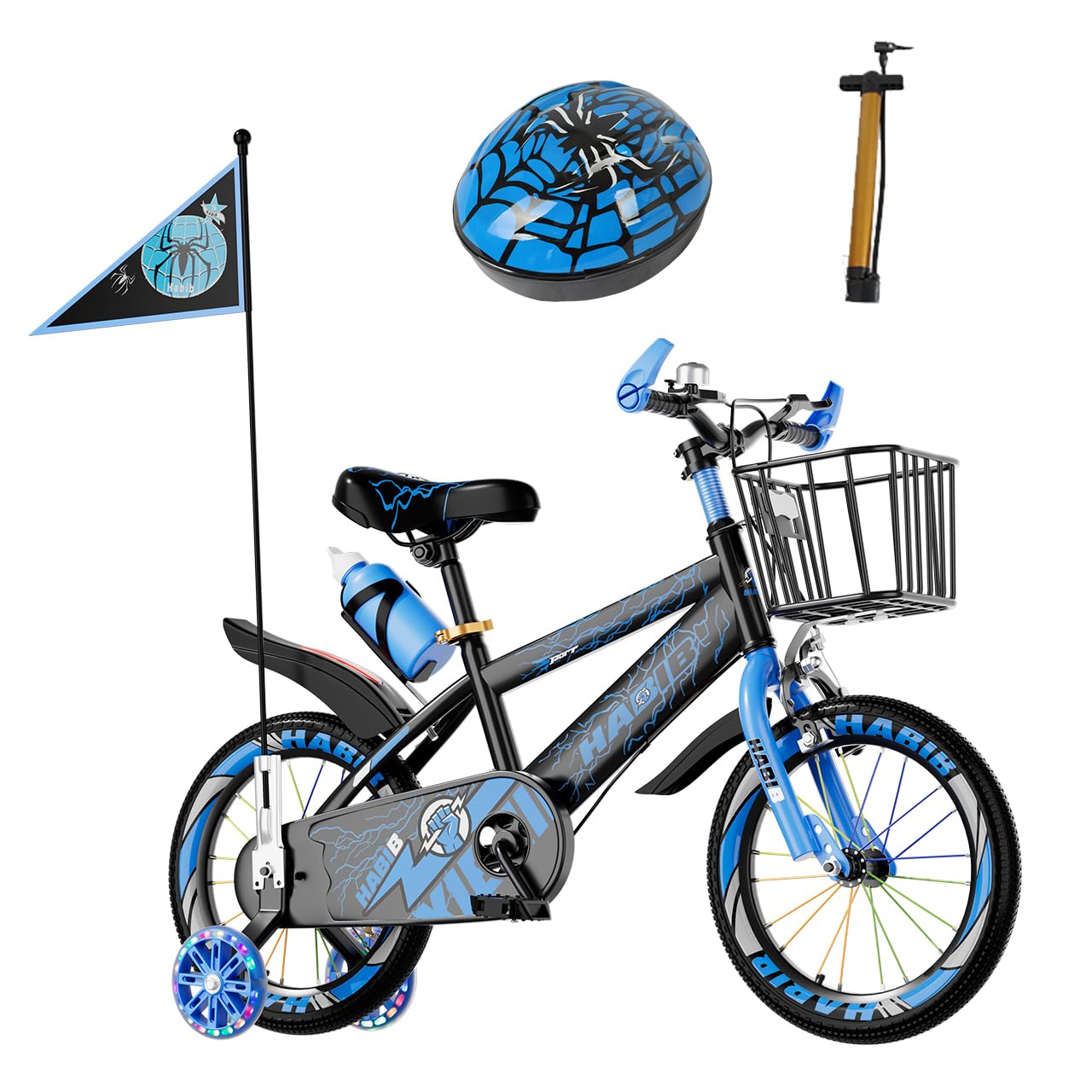 Habib Kinderfahrrad Jungenfahrrad 12 14 16 Zoll ab 3 Jahre – mit LED Stützrädern, Korb, Klingel & GRATIS Helm & Pumpe, Vorderradbremse