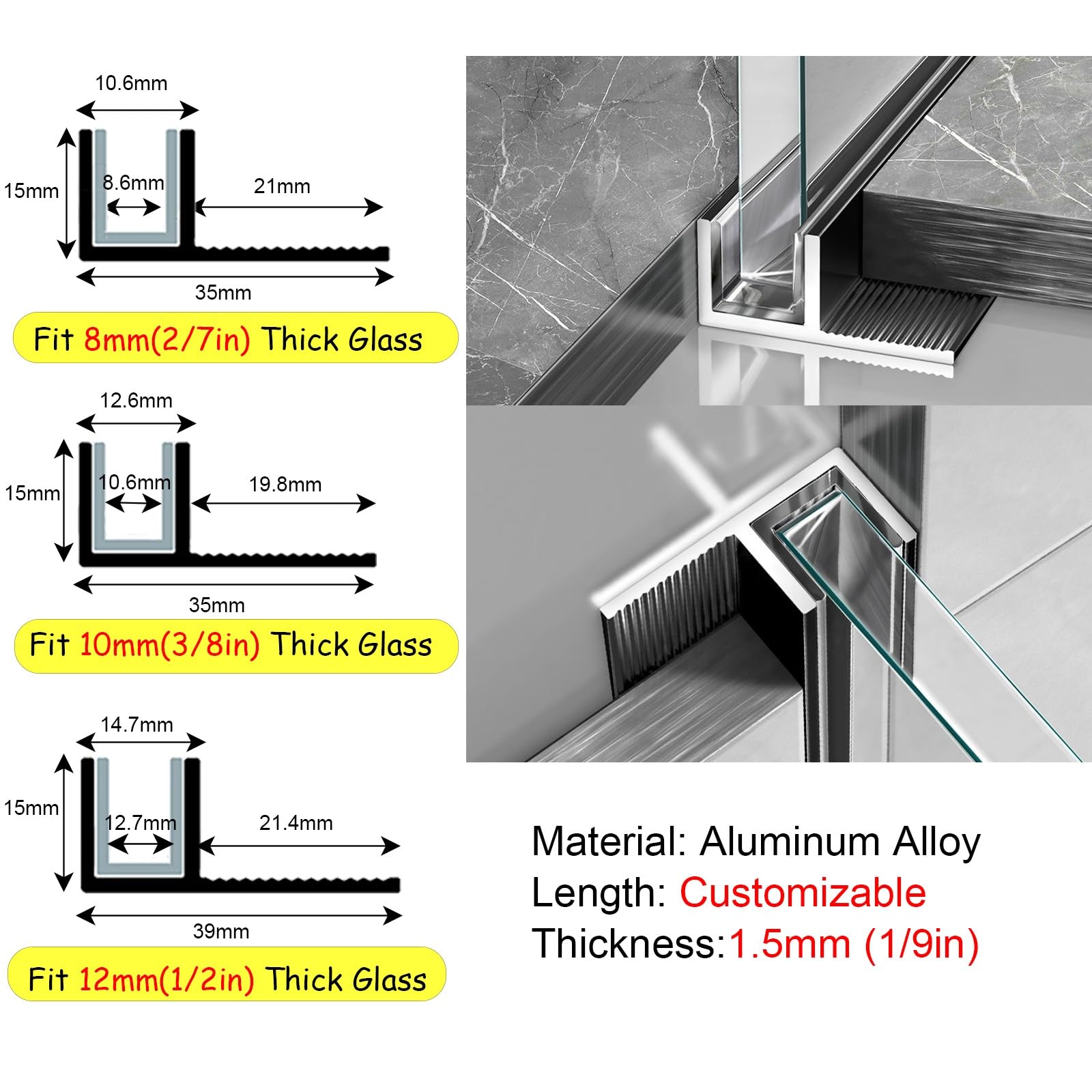 profilé en u pour verre Rail Fixe Pour Panneaux De Verre Sans Cadre De 8, 10 Ou 12 Mm D'épaisseur, Rail Encastré Avec Protection En Silicone Et Guide Étanche Dissimulé(Silver-8mm,L-2.0m/6.6ft)