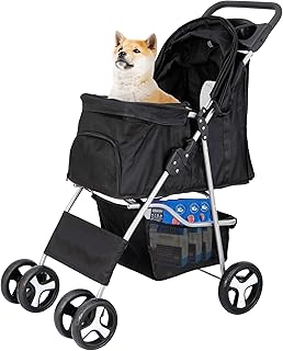 LEMY 4 Wheels Pet Dog Cat Stroller for Small Medium Dogs Cats,Black Foldable Jogger Travel Puppy with Detachable Carrier