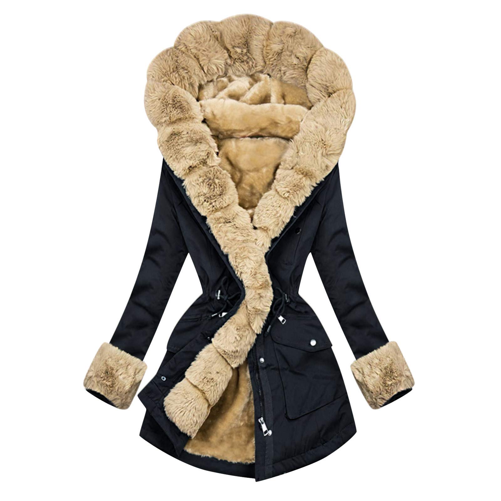 Parka d'hiver pour femme doublée, chaude doublure en peluche, veste d'extérieur Trench avec capuche en fausse fourrure, manteau d'hiver à manches longues, veste à capuche épaisse, veste à