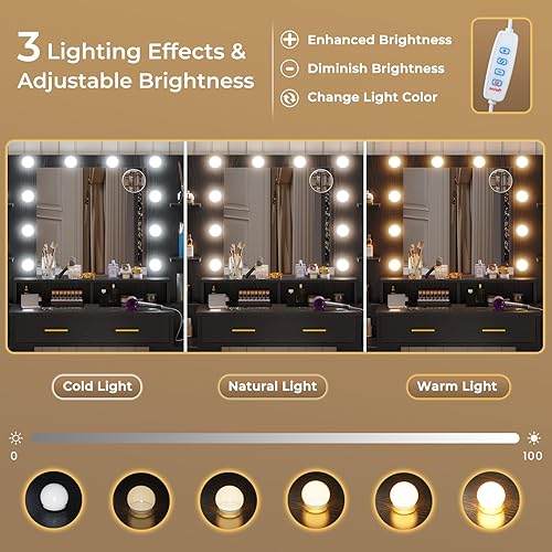 Miniatura 4 de Escritorio de tocador con espejo y luces y parte superior de cristal, tocador de maquillaje con luces, 10 espejos de aumento y estación de carga,