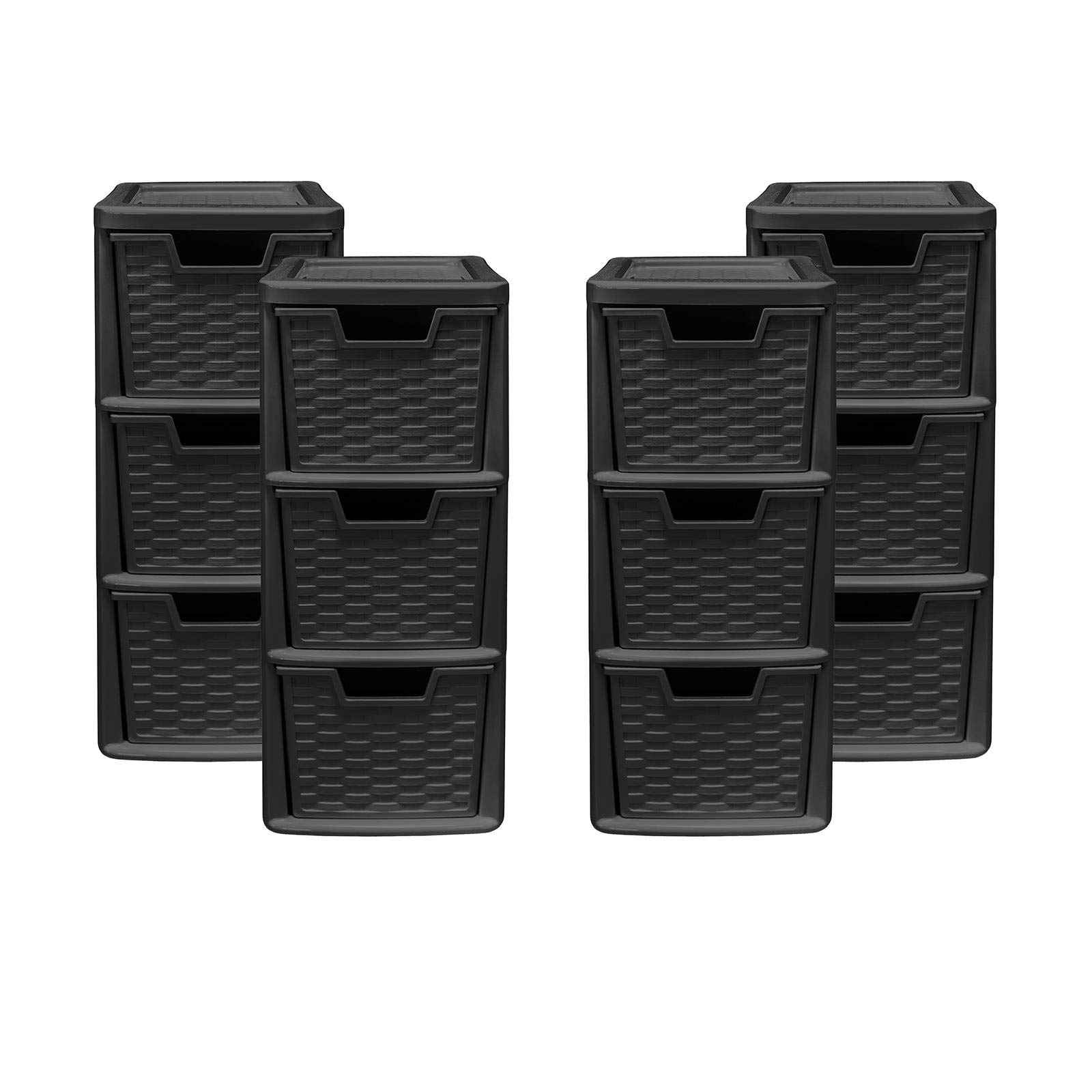 3 Drawer Medium Rattan Tower Unit - Black, Set of 4 Units - 47cm (H) x 19cm (W) x 26cm (D)